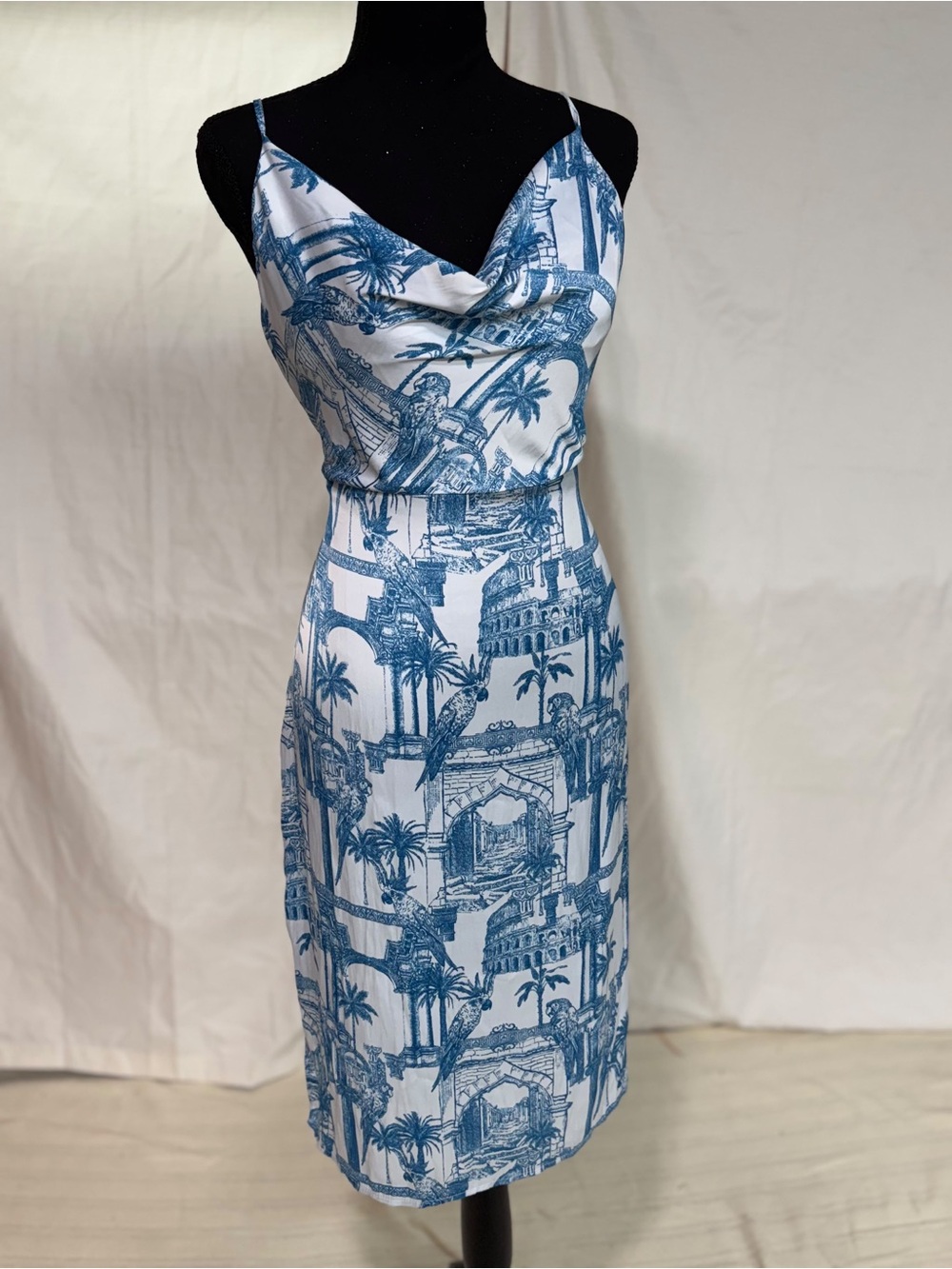 Forever 21 Blue and White Toile Cowl Neck Midi Dress